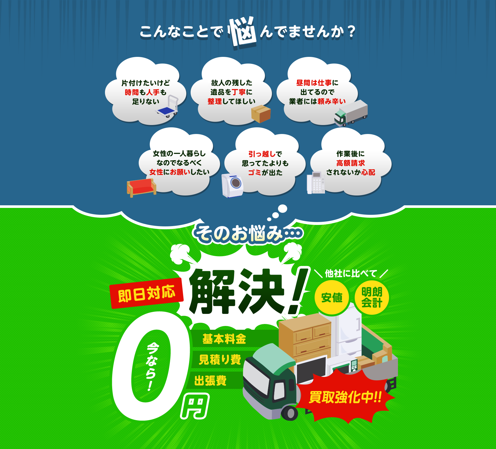 こんなお悩みがあれば不用品回収のキラキライオン熊本にお任せ下さい。片付けしたいけど時間や人手が足りなくて困っている。個人が残した遺品などを丁寧に整理してほしい。仕事が忙しくてなかなか業者さんに頼みずらい。女性の一人暮らしなのでなるだけ女性スタッフにお願いしたい。引っ越しで思っていた以上にゴミが出て困っている。作業後に高額請求されないか不安で依頼できないこんなお悩みすべて不用品回収のキラキライオン熊本が解決します！他社に比べて安値・明朗会計・即日対応・基本料金0・見積もり費0・出張費0・なんと、今なら買取強化中！